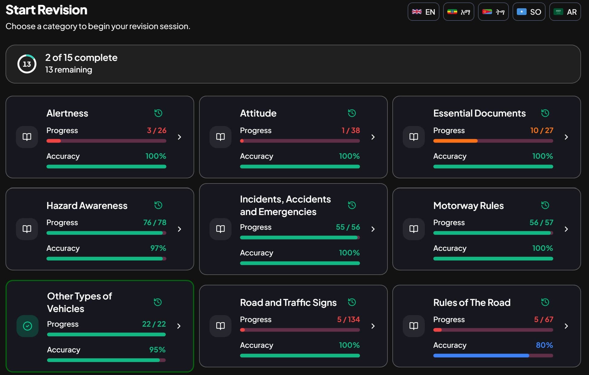 Categories view with language switch